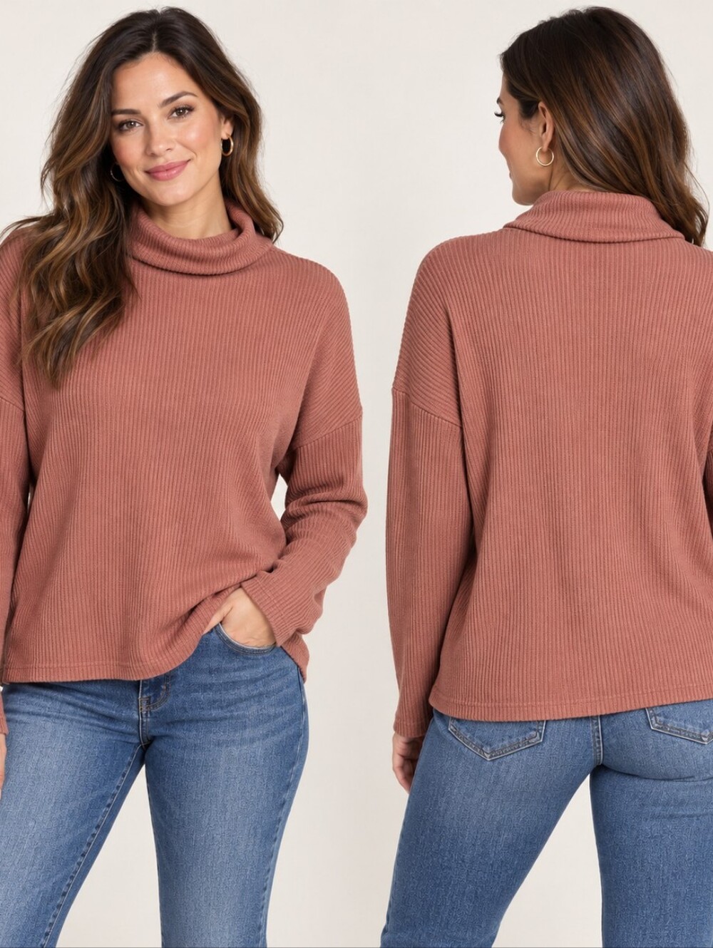 A New Day Size M Dusty Rose Ribbed Turtleneck Top Contemporary Casual Minimalist
